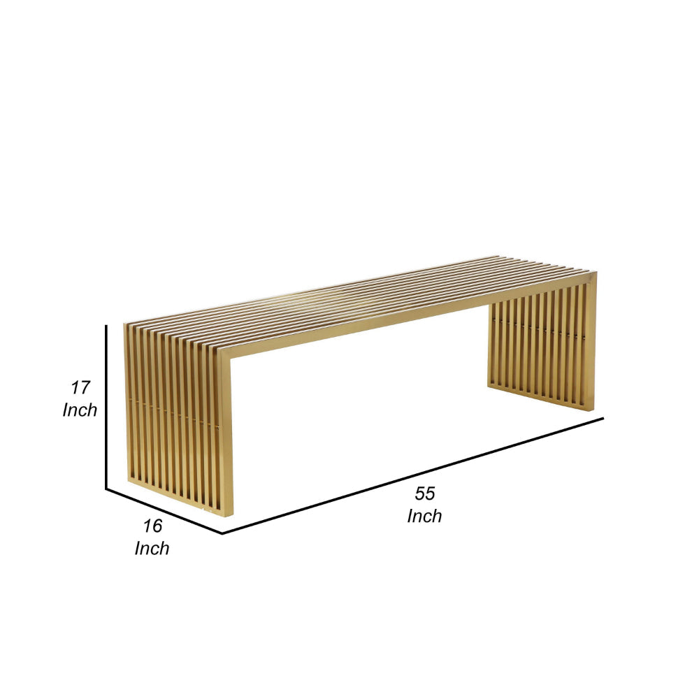 Benjara Niki 55 Inch Accent Bench, Slatted, Rectangular, Luxurious Brushed Gold