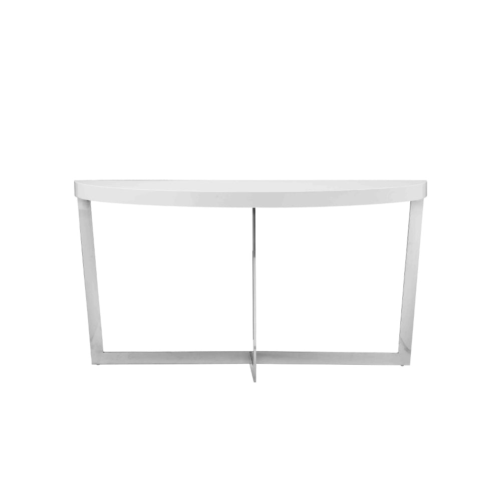 Benjara Tini 55 Inch Console Table, Oval Top, Chrome Frame, Sleek White Finish