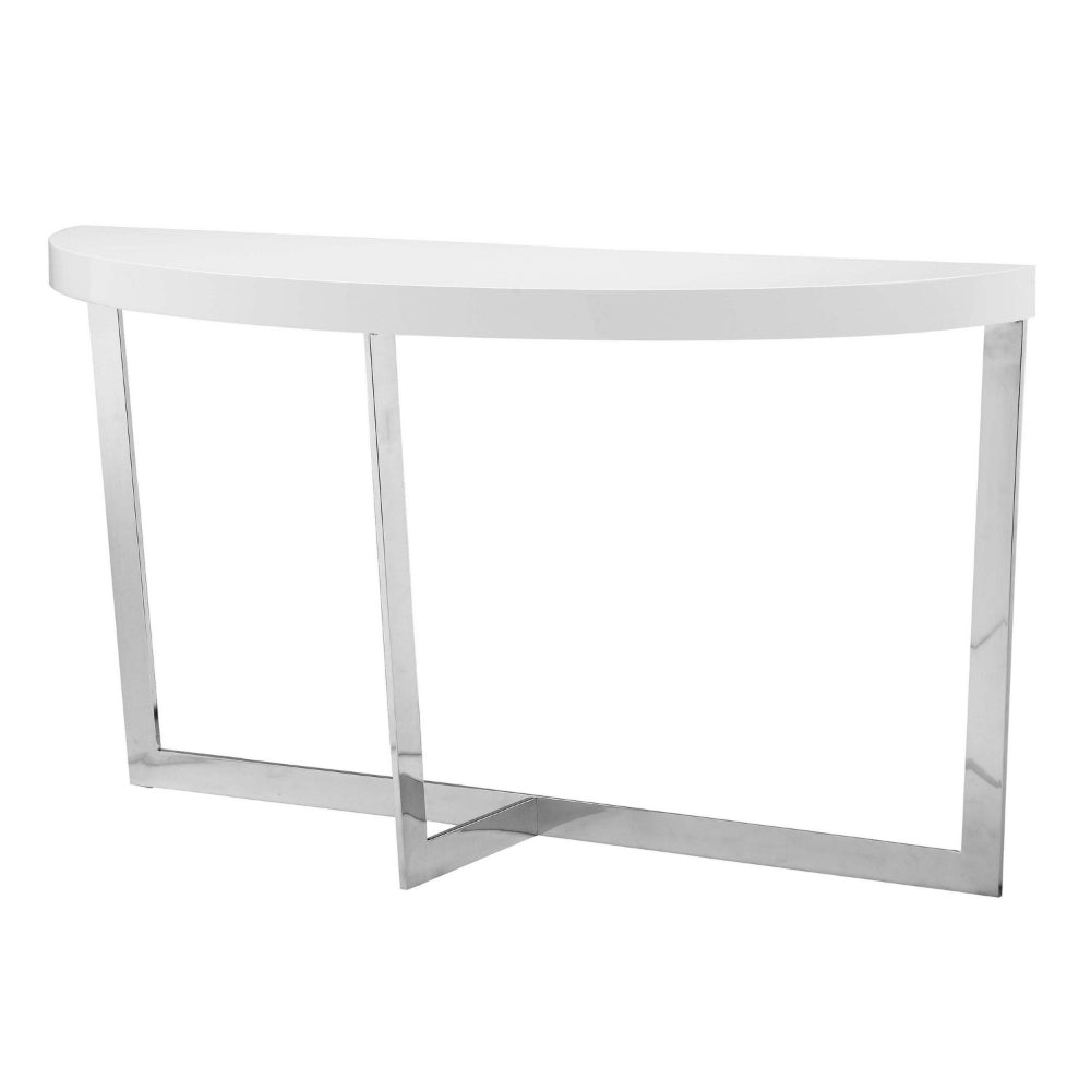 Benjara Tini 55 Inch Console Table, Oval Top, Chrome Frame, Sleek White Finish