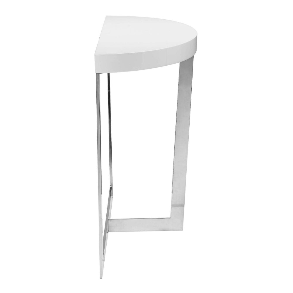 Benjara Tini 55 Inch Console Table, Oval Top, Chrome Frame, Sleek White Finish