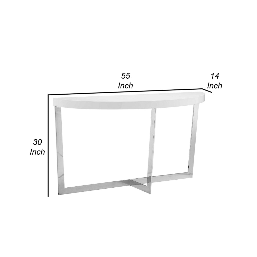 Benjara Tini 55 Inch Console Table, Oval Top, Chrome Frame, Sleek White Finish