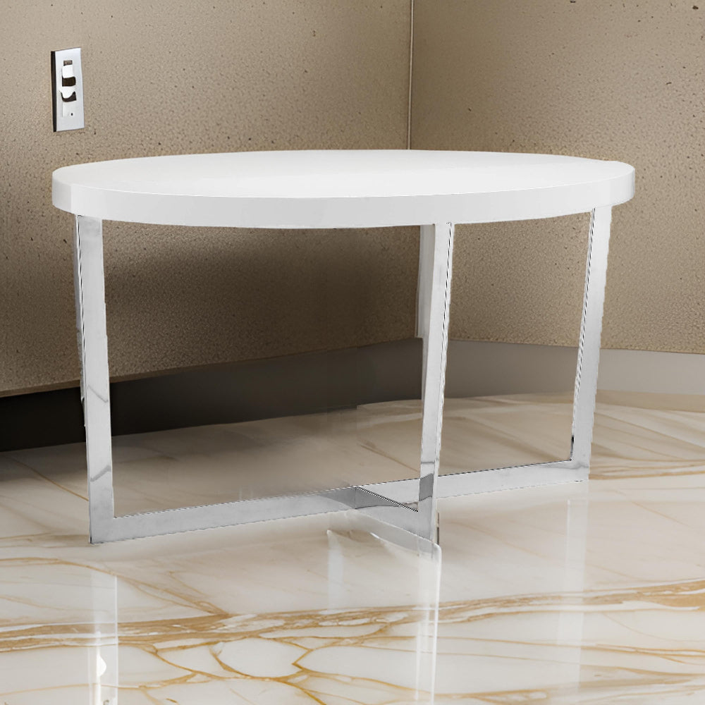 Benjara Tini 55 Inch Console Table, Oval Top, Chrome Frame, Sleek White Finish
