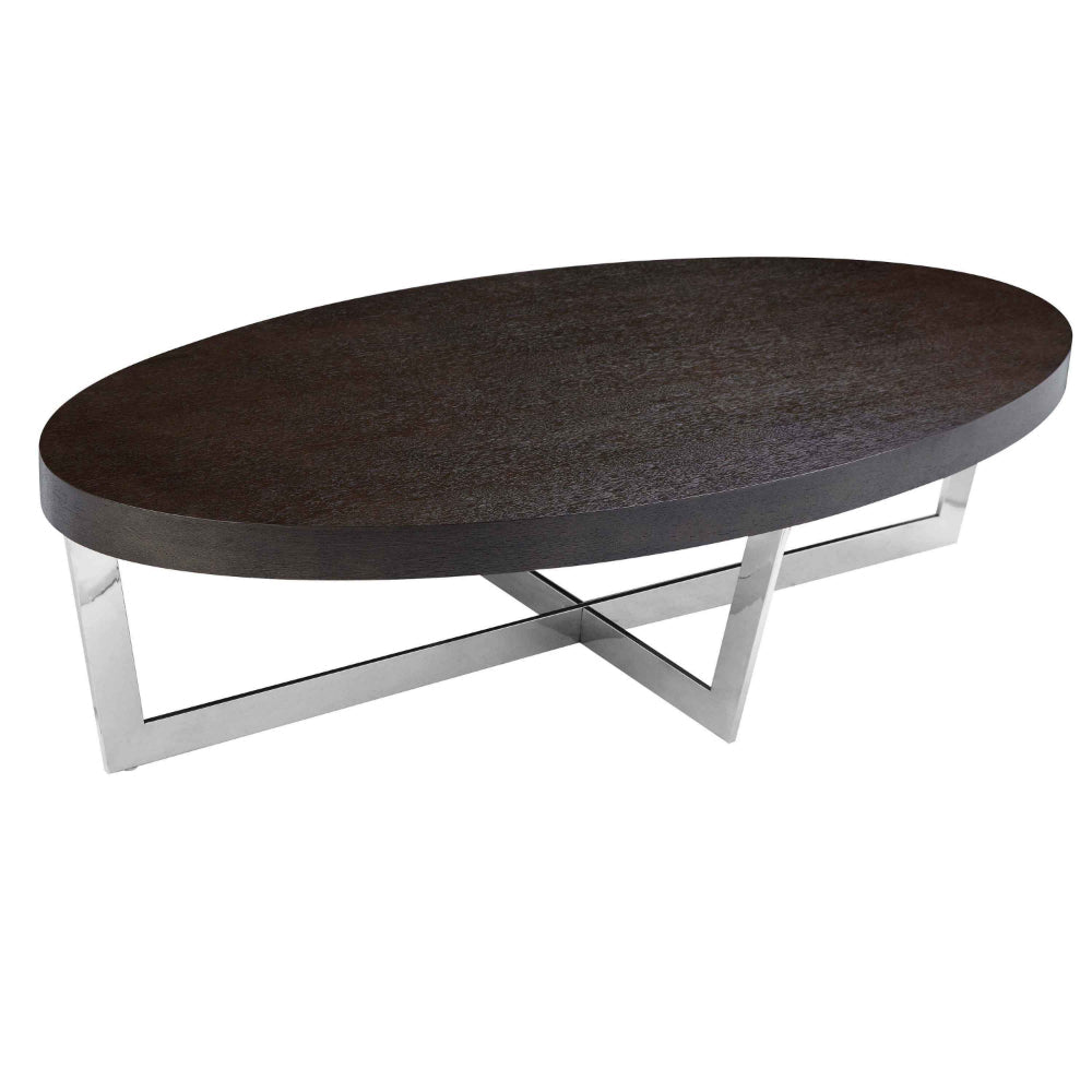 Benjara Tini 55 Inch Coffee Table, Oval Top, Chrome Frame, Espresso Brown Finish