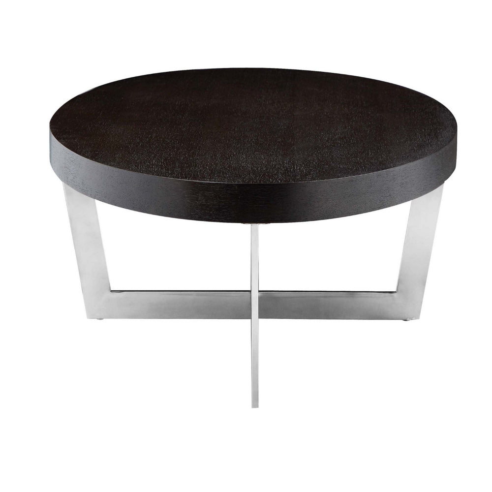 Benjara Tini 55 Inch Coffee Table, Oval Top, Chrome Frame, Espresso Brown Finish