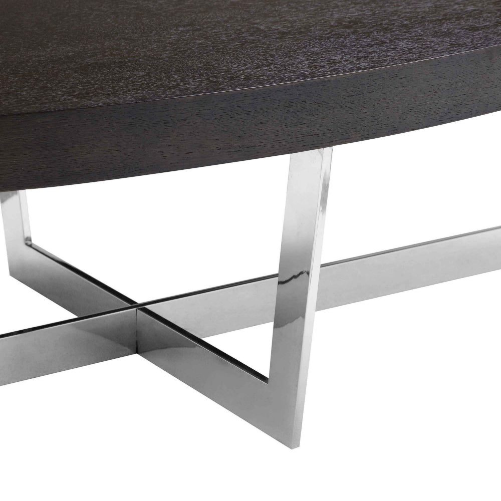 Benjara Tini 55 Inch Coffee Table, Oval Top, Chrome Frame, Espresso Brown Finish