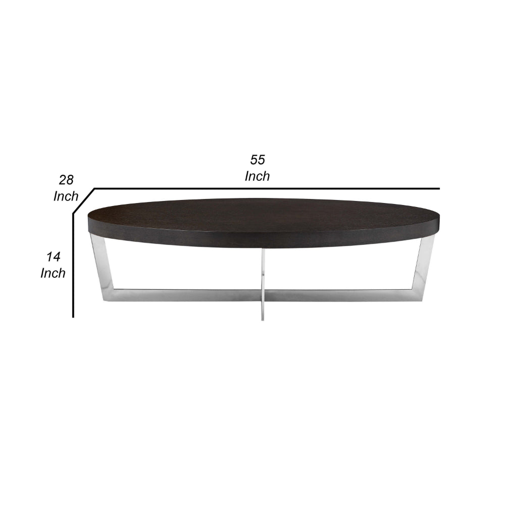 Benjara Tini 55 Inch Coffee Table, Oval Top, Chrome Frame, Espresso Brown Finish