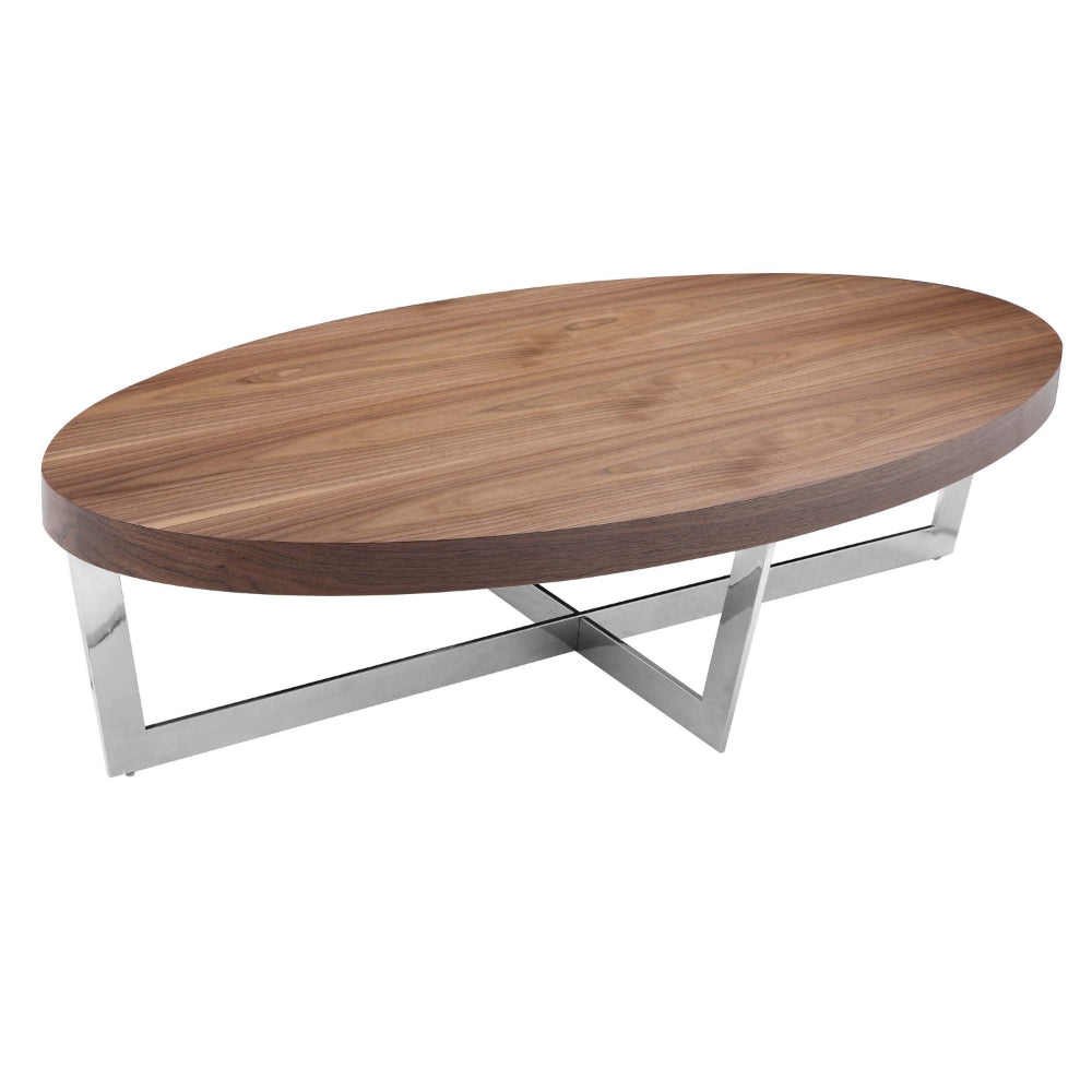 Benjara Tini 55 Inch Coffee Table, Oval Top, Chrome Frame, Walnut Brown Finish