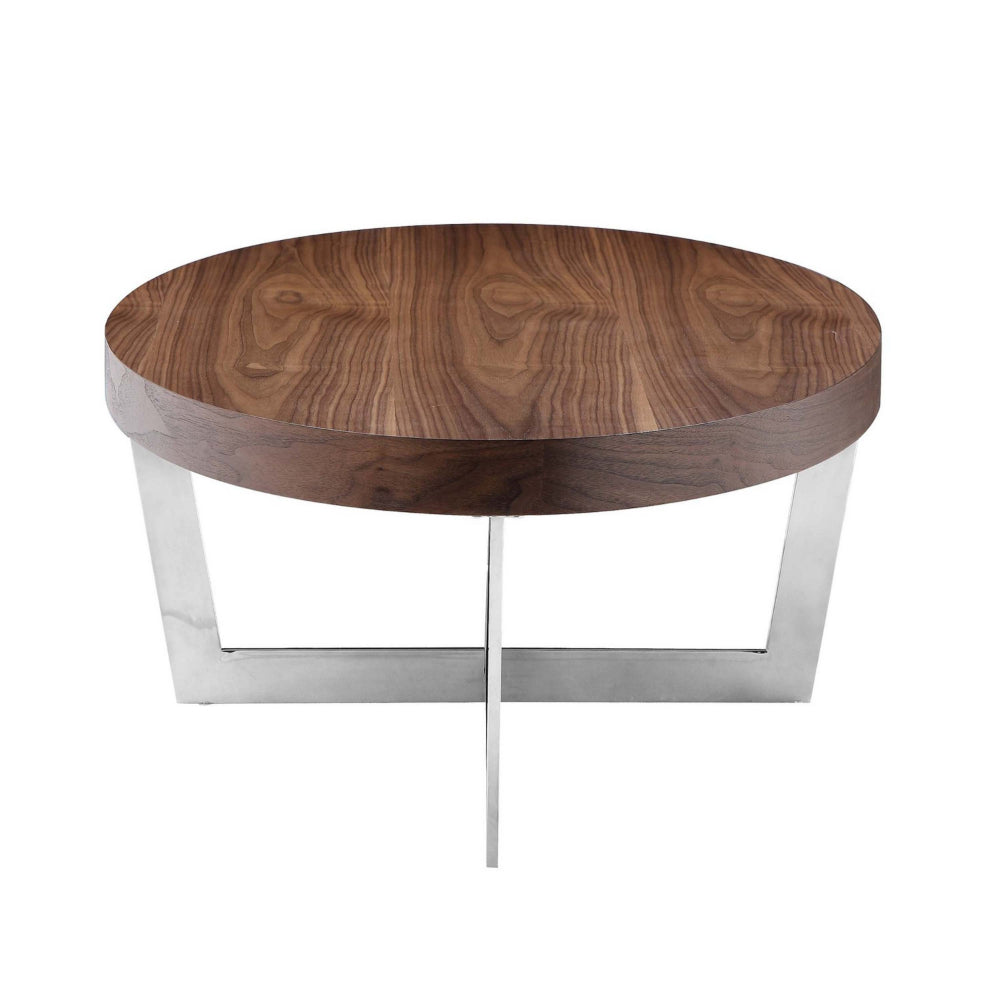 Benjara Tini 55 Inch Coffee Table, Oval Top, Chrome Frame, Walnut Brown Finish