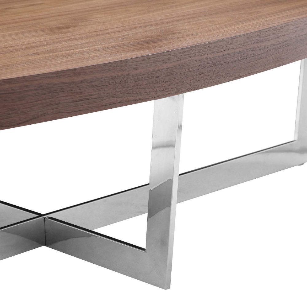 Benjara Tini 55 Inch Coffee Table, Oval Top, Chrome Frame, Walnut Brown Finish