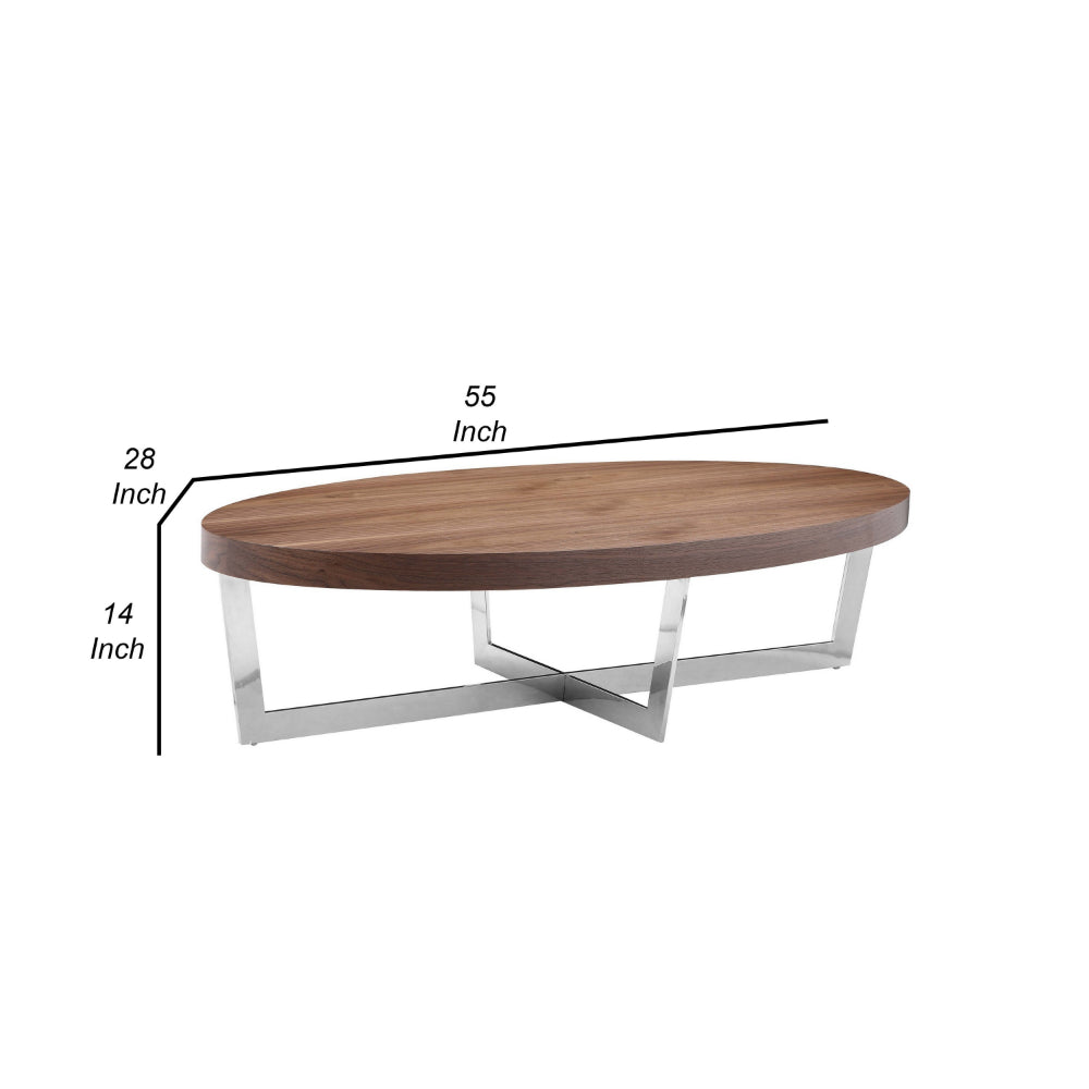 Benjara Tini 55 Inch Coffee Table, Oval Top, Chrome Frame, Walnut Brown Finish