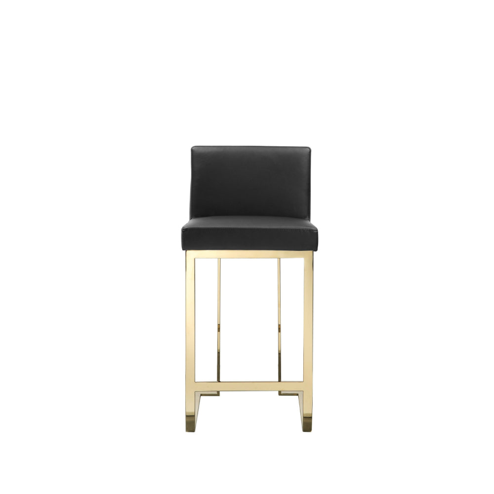 Benjara Boly 26 Inch Counter Height Chair, Black Faux Leather Seat, Gold Cantilever
