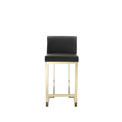 Benjara Boly 26 Inch Counter Height Chair, Black Faux Leather Seat, Gold Cantilever
