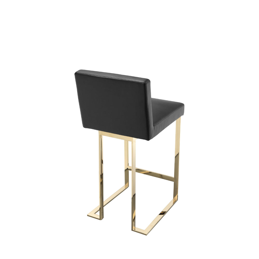 Benjara Boly 26 Inch Counter Height Chair, Black Faux Leather Seat, Gold Cantilever