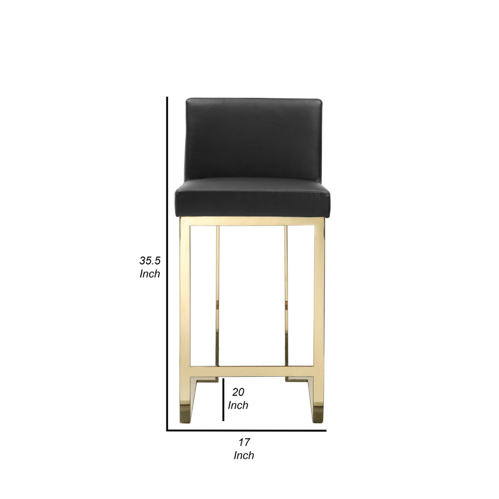 Benjara Boly 26 Inch Counter Height Chair, Black Faux Leather Seat, Gold Cantilever
