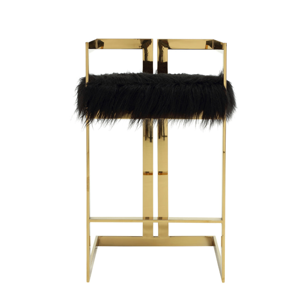 Benjara Suki 30 Inch Barstool Chair, Black Faux Fur Seat, Gold Cantilever Base