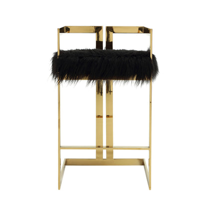 Benjara Suki 30 Inch Barstool Chair, Black Faux Fur Seat, Gold Cantilever Base