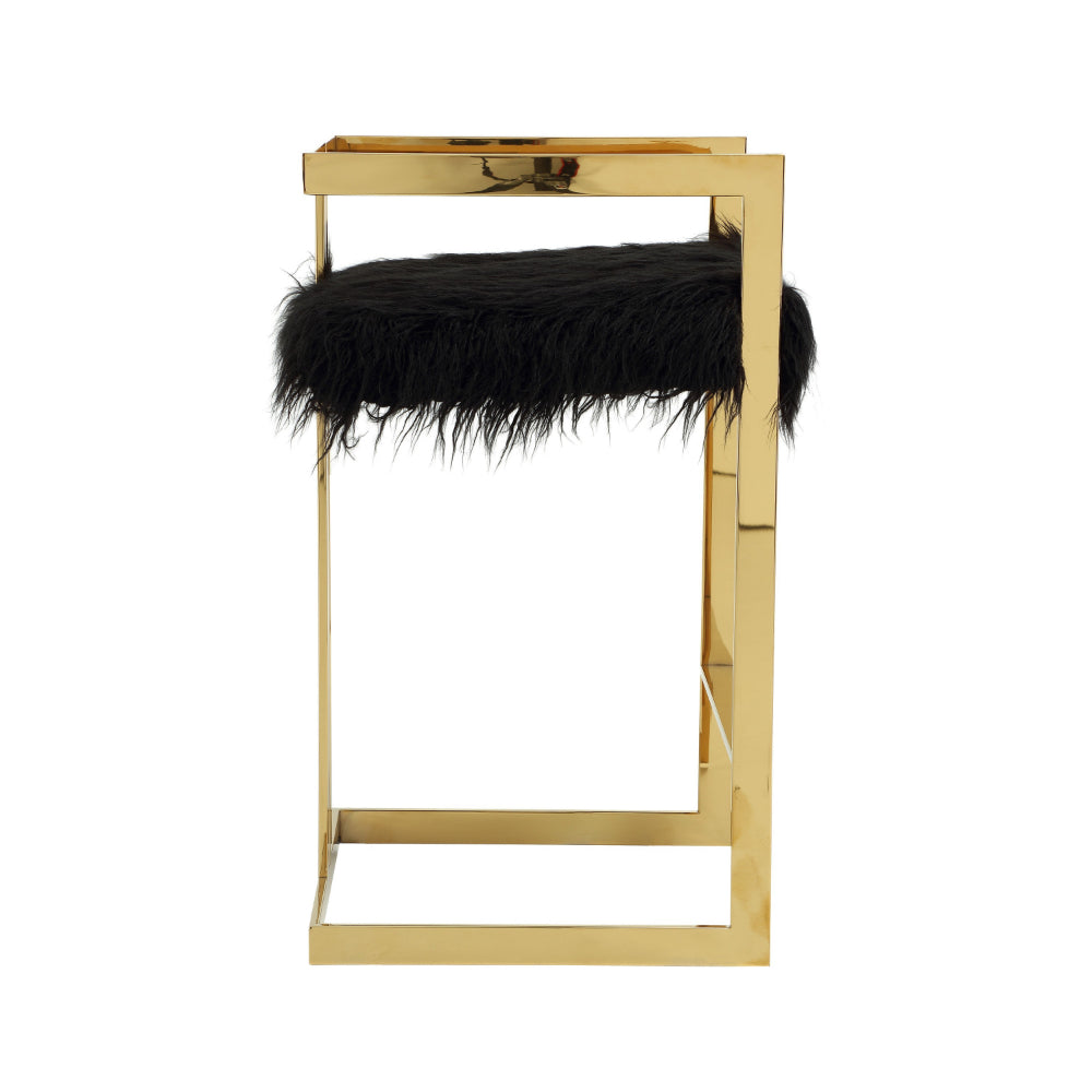 Benjara Suki 30 Inch Barstool Chair, Black Faux Fur Seat, Gold Cantilever Base