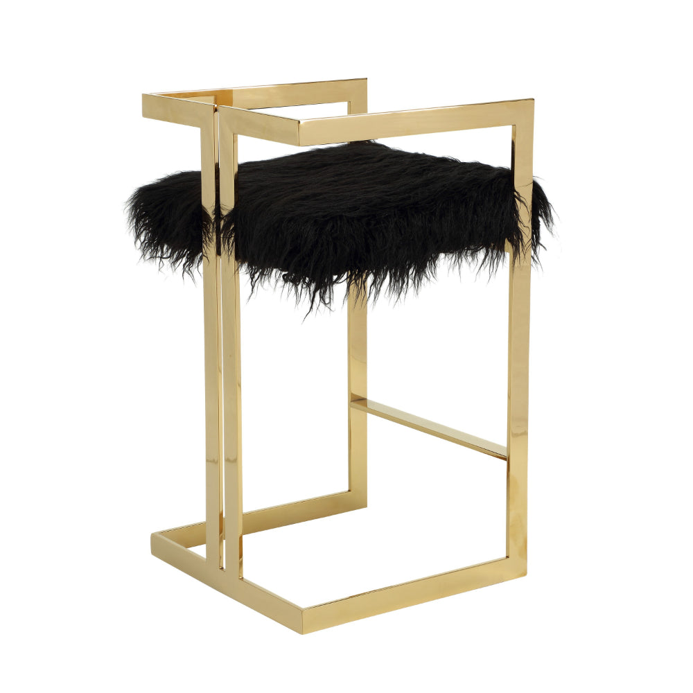 Benjara Suki 30 Inch Barstool Chair, Black Faux Fur Seat, Gold Cantilever Base