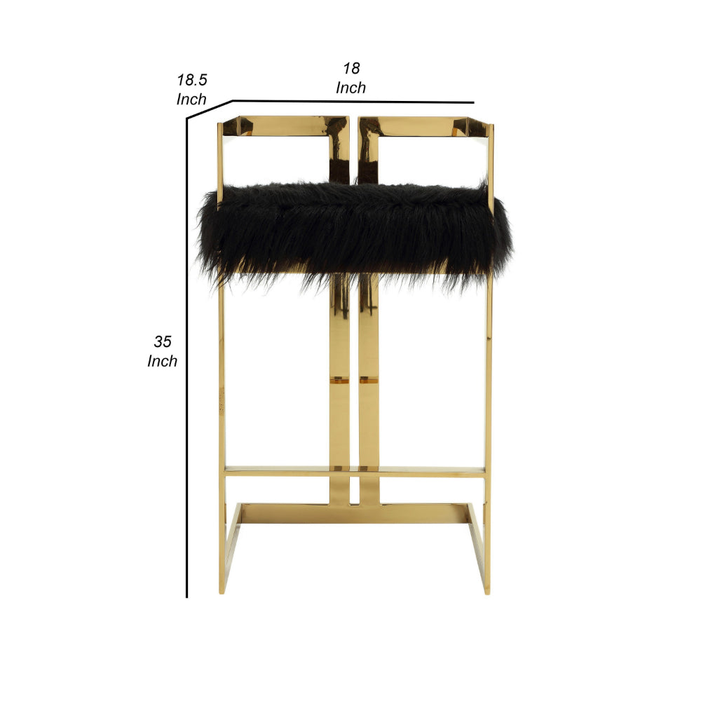 Benjara Suki 30 Inch Barstool Chair, Black Faux Fur Seat, Gold Cantilever Base