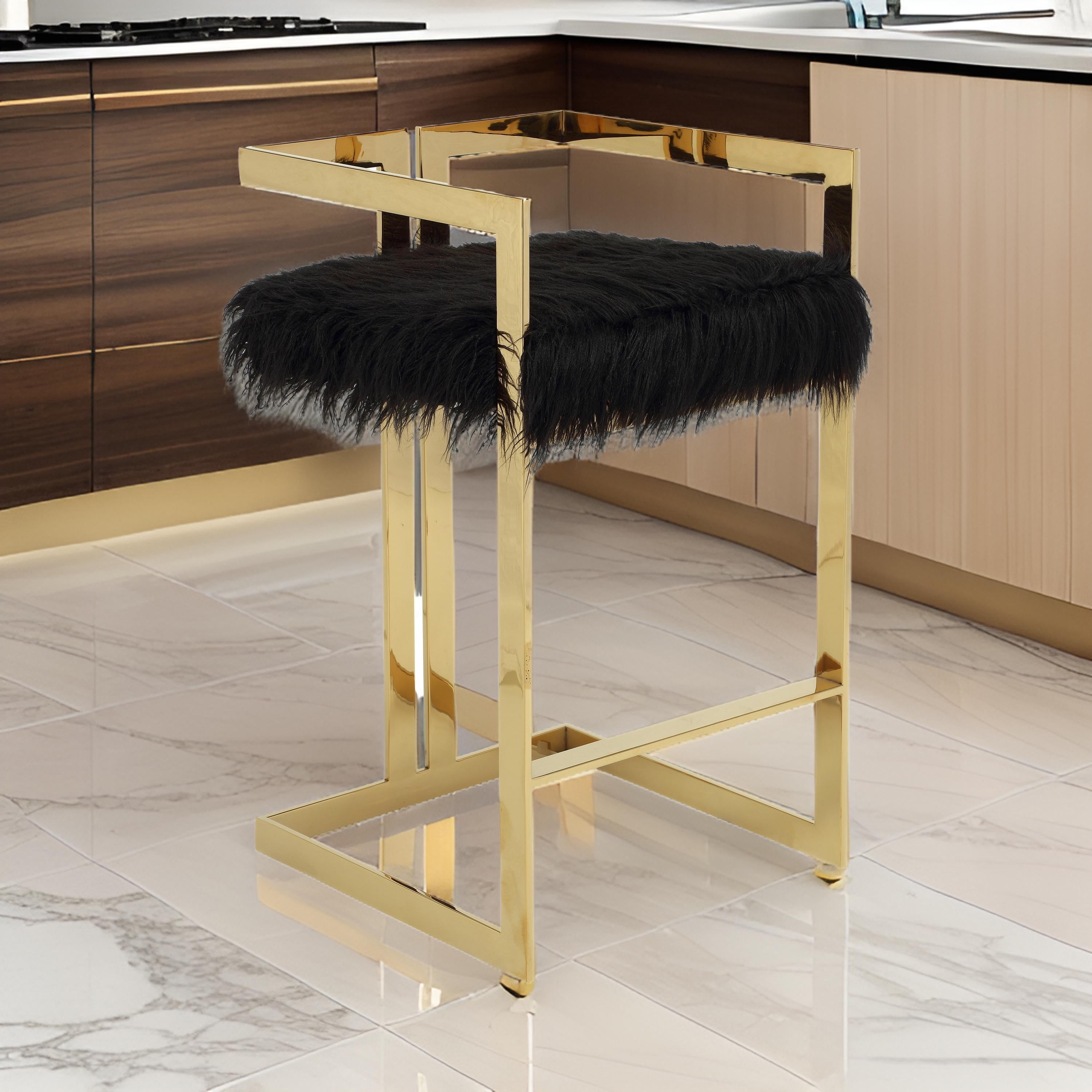 Benjara Suki 30 Inch Barstool Chair, Black Faux Fur Seat, Gold Cantilever Base