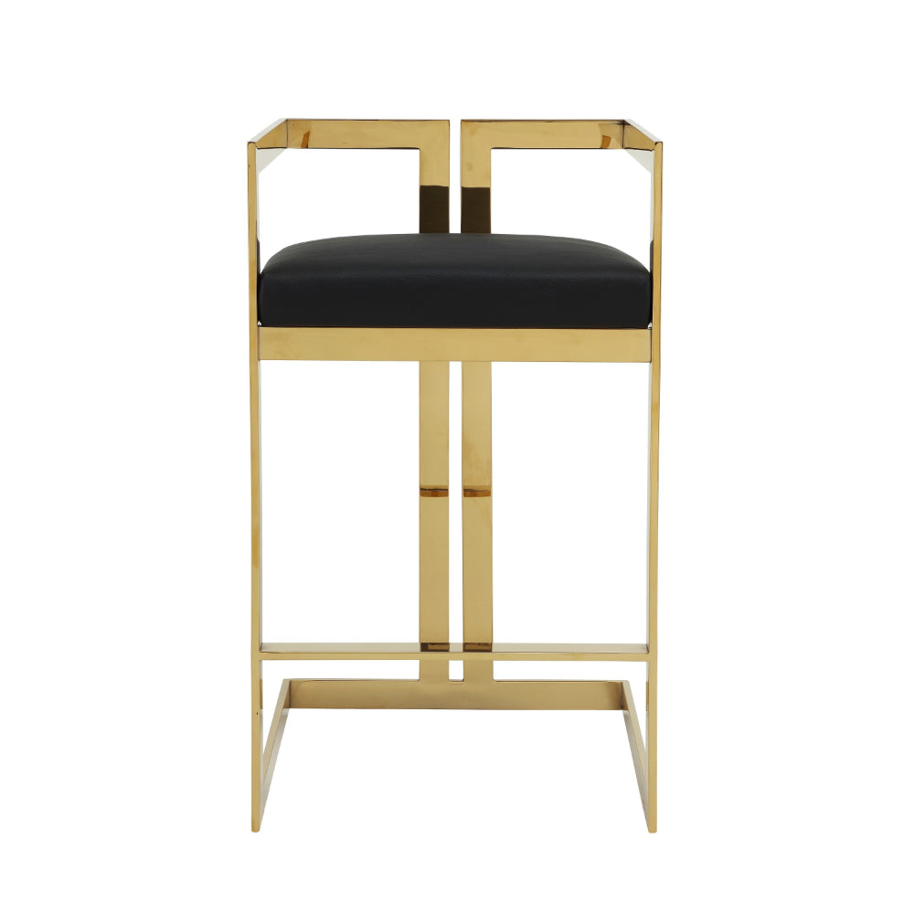 Benjara Suki 30 Inch Barstool Chair, Black Faux Leather Seat, Gold Cantilever Base