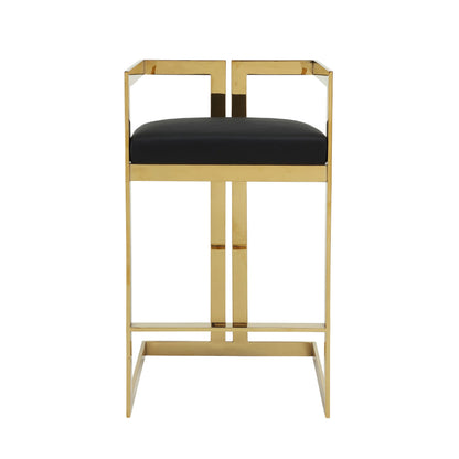 Benjara Suki 30 Inch Barstool Chair, Black Faux Leather Seat, Gold Cantilever Base