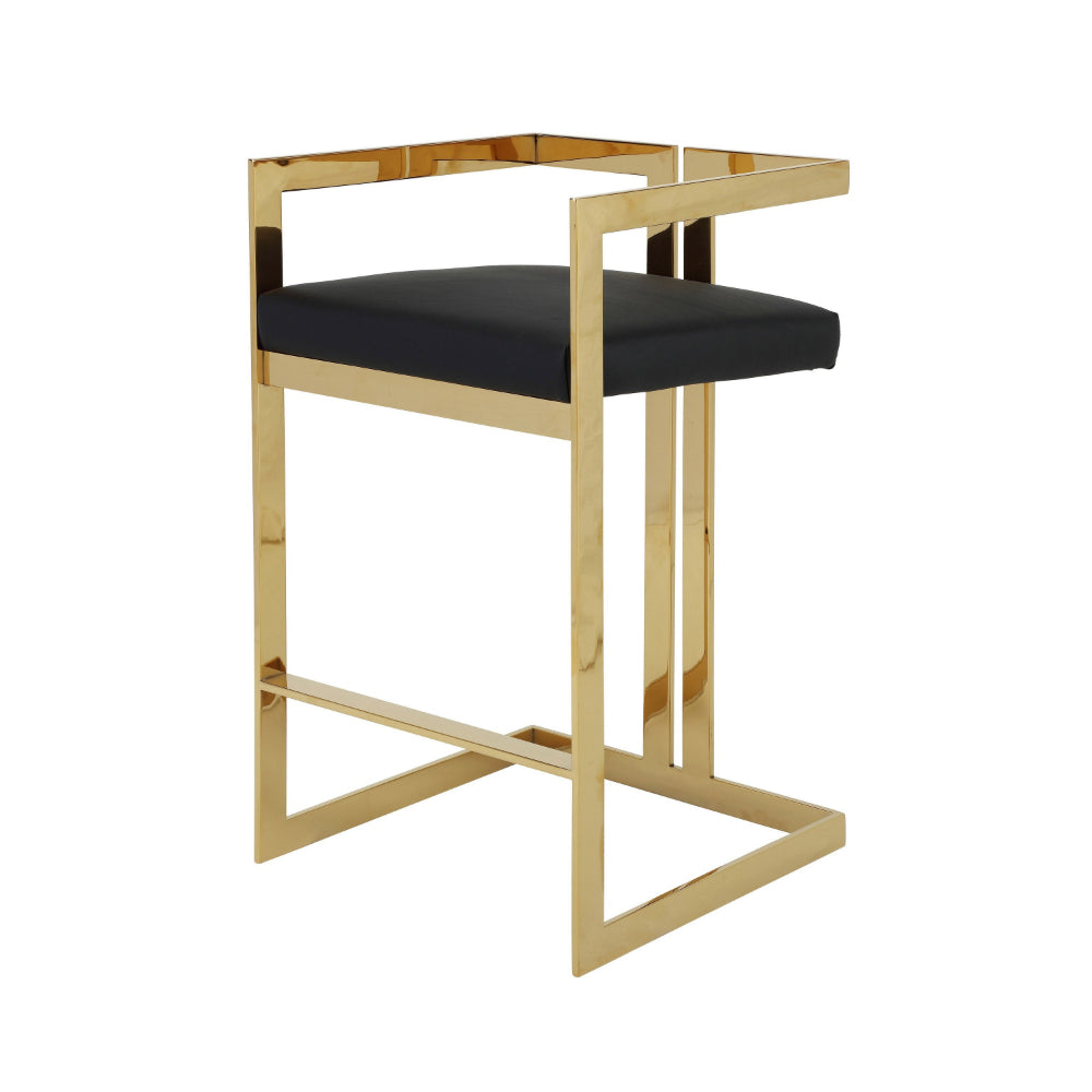 Benjara Suki 30 Inch Barstool Chair, Black Faux Leather Seat, Gold Cantilever Base