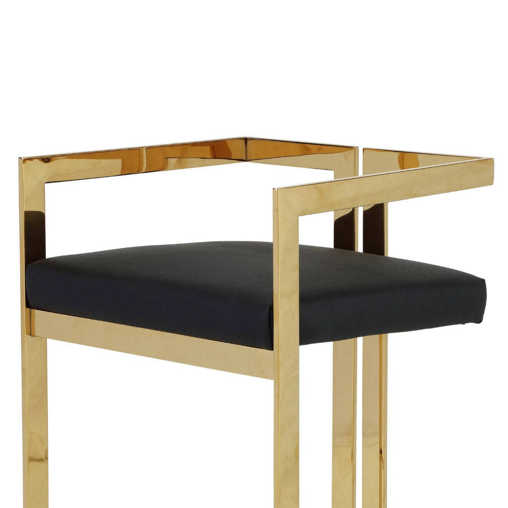 Benjara Suki 30 Inch Barstool Chair, Black Faux Leather Seat, Gold Cantilever Base