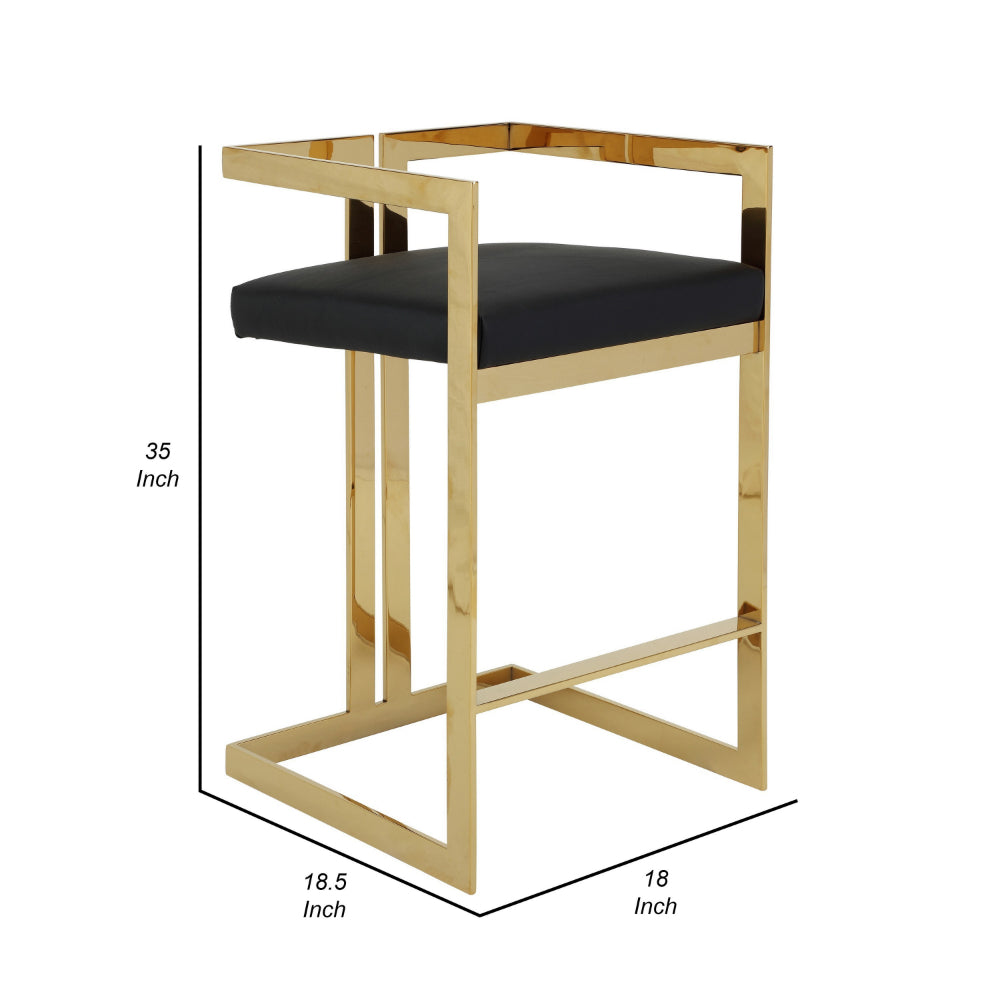 Benjara Suki 30 Inch Barstool Chair, Black Faux Leather Seat, Gold Cantilever Base