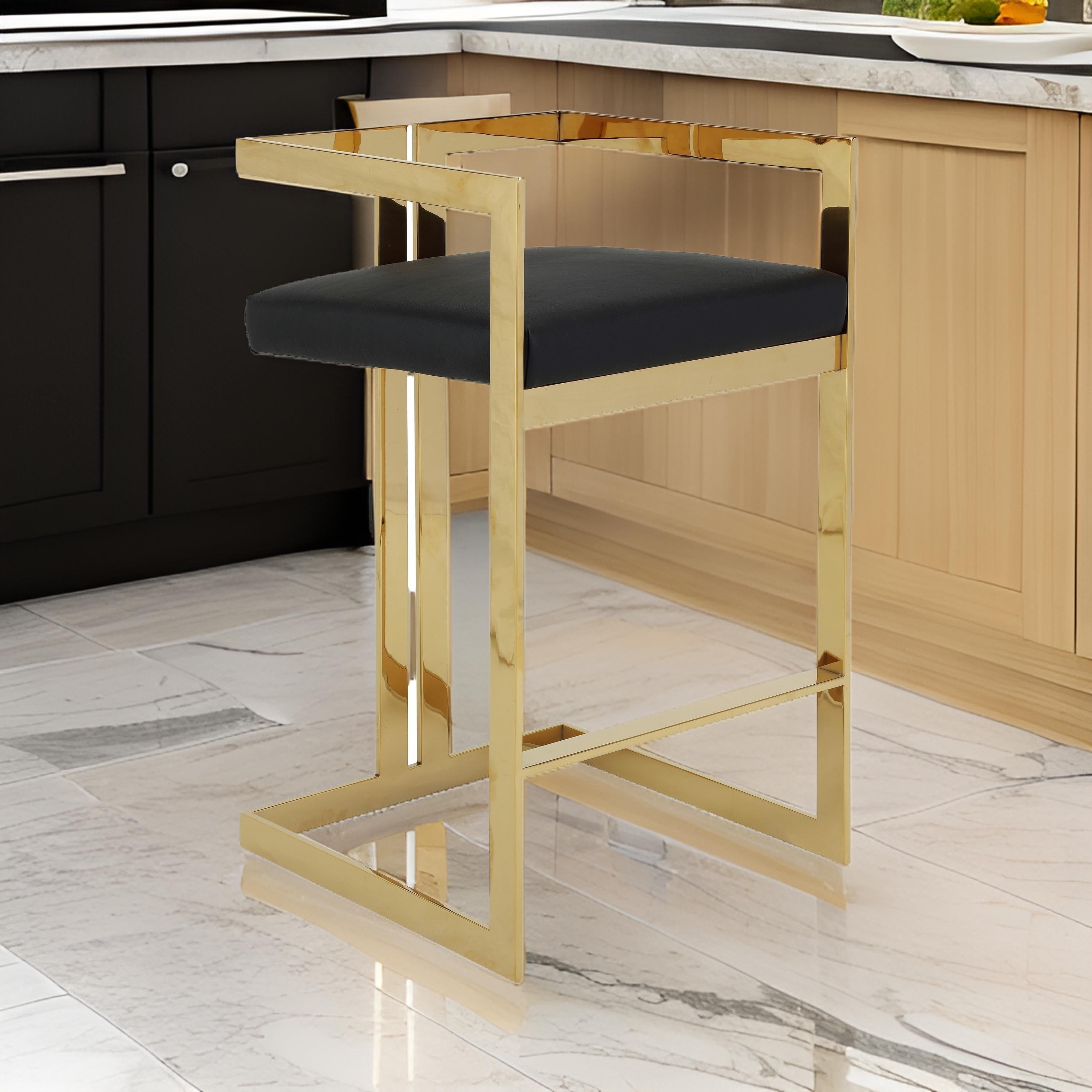 Benjara Suki 30 Inch Barstool Chair, Black Faux Leather Seat, Gold Cantilever Base