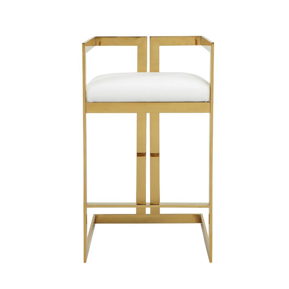Benjara Suki 30 Inch Barstool Chair, White Faux Leather Seat, Gold Cantilever Base