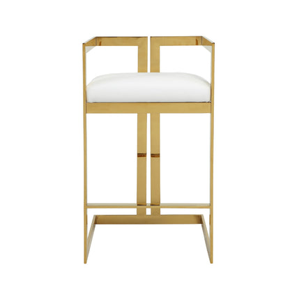 Benjara Suki 30 Inch Barstool Chair, White Faux Leather Seat, Gold Cantilever Base