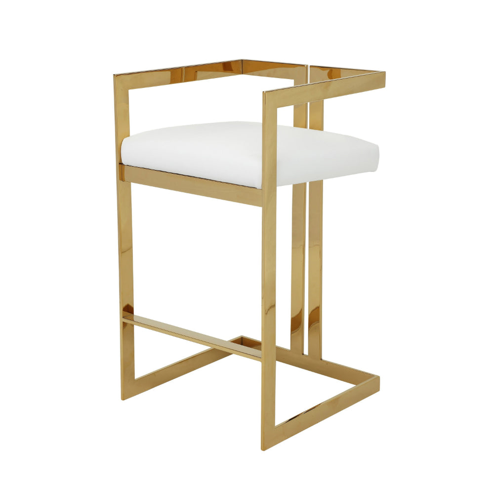 Benjara Suki 30 Inch Barstool Chair, White Faux Leather Seat, Gold Cantilever Base