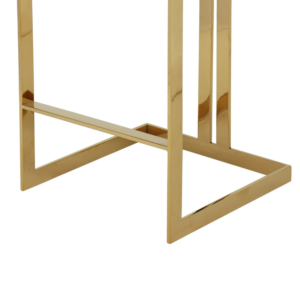Benjara Suki 30 Inch Barstool Chair, White Faux Leather Seat, Gold Cantilever Base