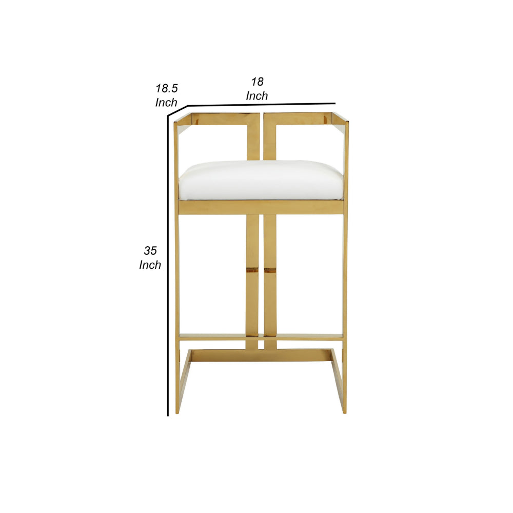 Benjara Suki 30 Inch Barstool Chair, White Faux Leather Seat, Gold Cantilever Base