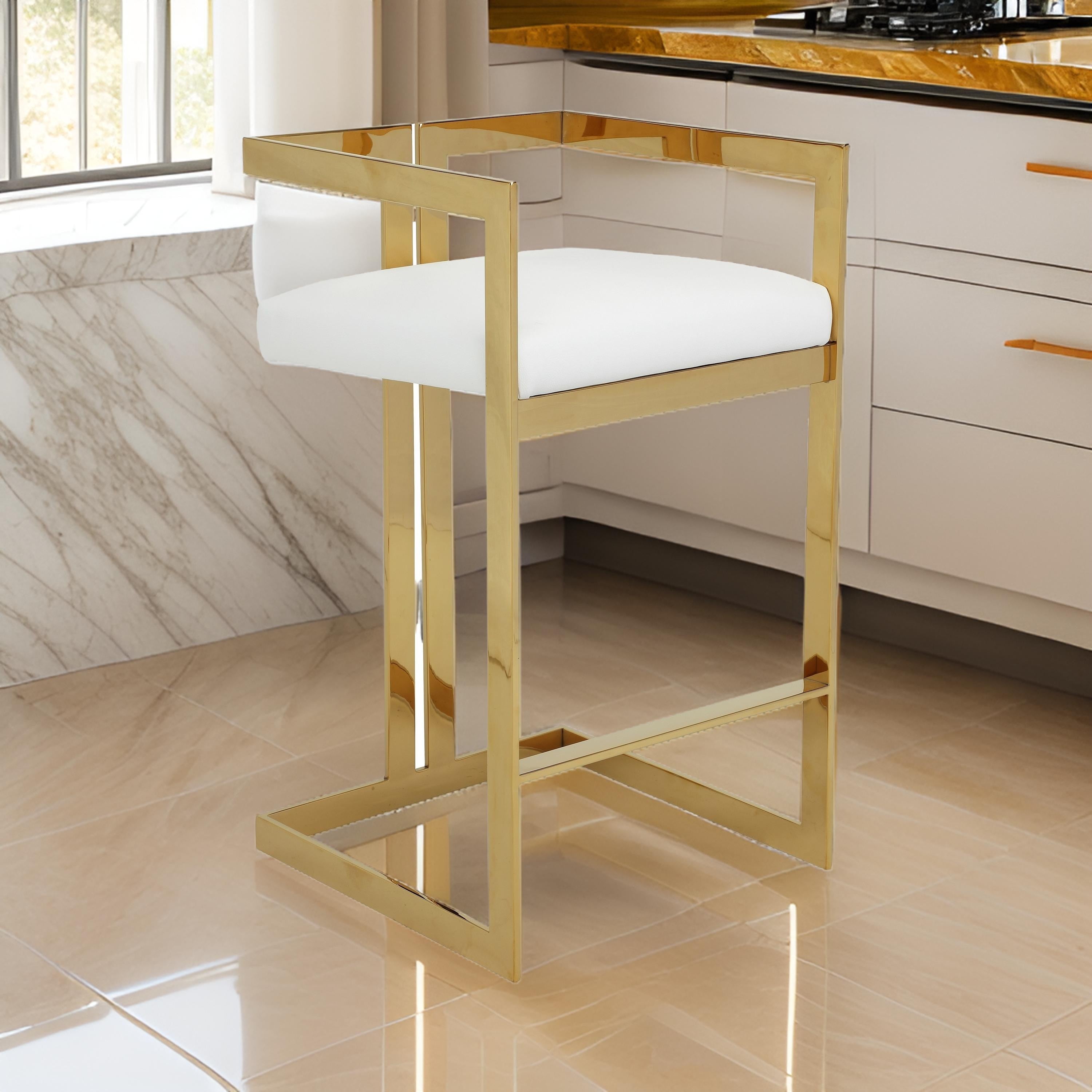 Benjara Suki 30 Inch Barstool Chair, White Faux Leather Seat, Gold Cantilever Base