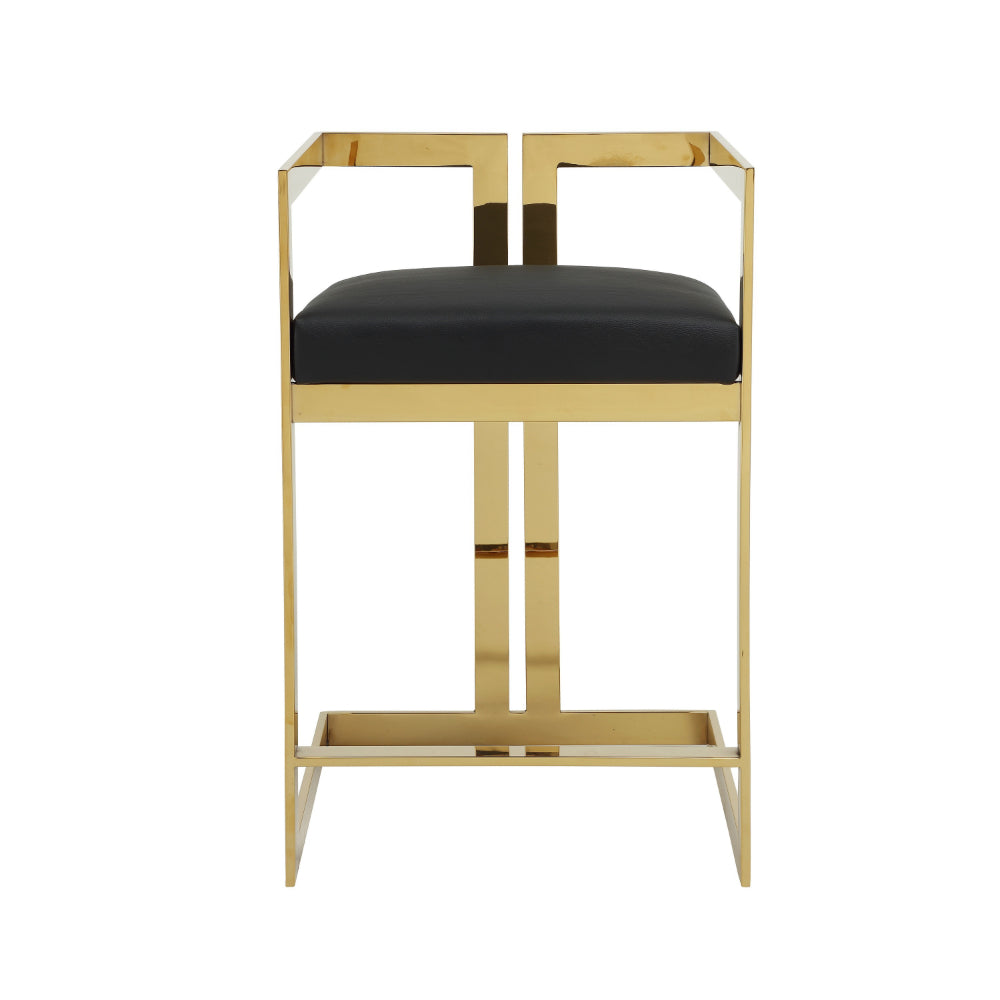 Benjara Suki 26 Inch Counter Height Chair, Black Faux Leather, Gold Cantilever Base