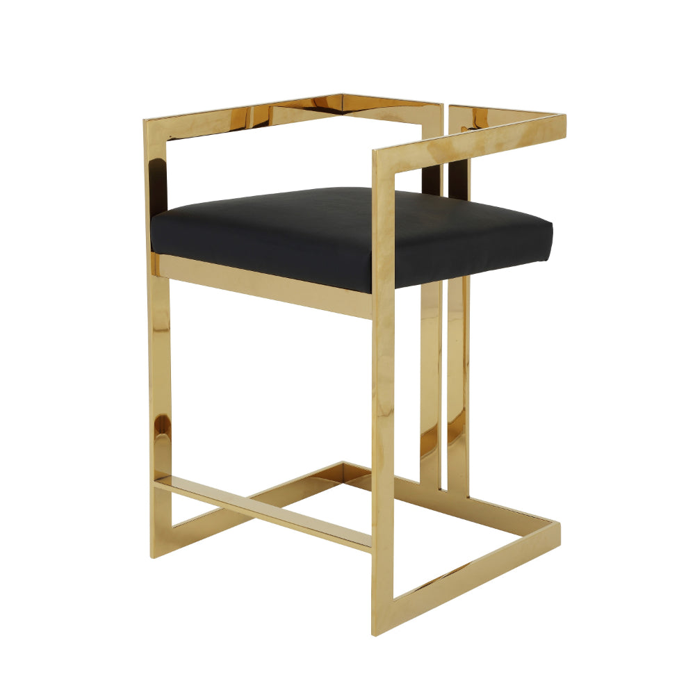 Benjara Suki 26 Inch Counter Height Chair, Black Faux Leather, Gold Cantilever Base