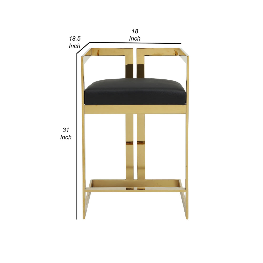 Benjara Suki 26 Inch Counter Height Chair, Black Faux Leather, Gold Cantilever Base
