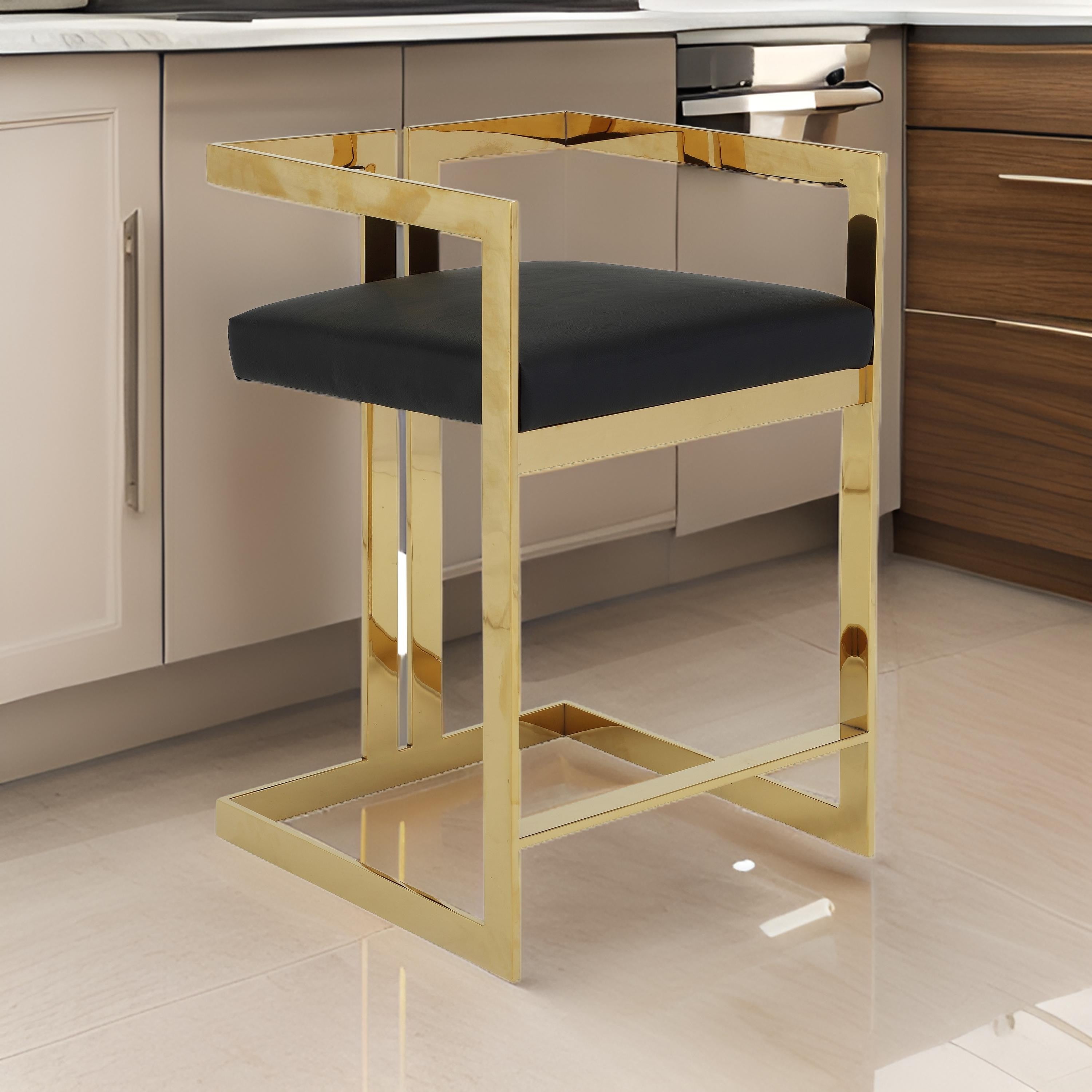 Benjara Suki 26 Inch Counter Height Chair, Black Faux Leather, Gold Cantilever Base