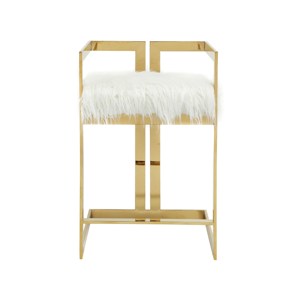 Benjara Suki 26 Inch Counter Height Chair, White Faux Fur, Gold Cantilever Base
