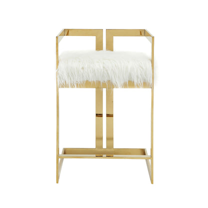 Benjara Suki 26 Inch Counter Height Chair, White Faux Fur, Gold Cantilever Base