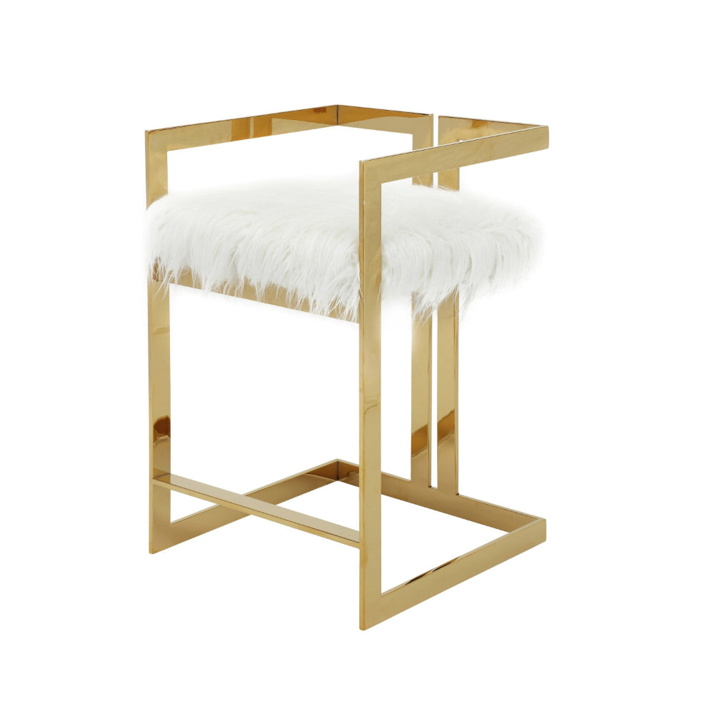 Benjara Suki 26 Inch Counter Height Chair, White Faux Fur, Gold Cantilever Base
