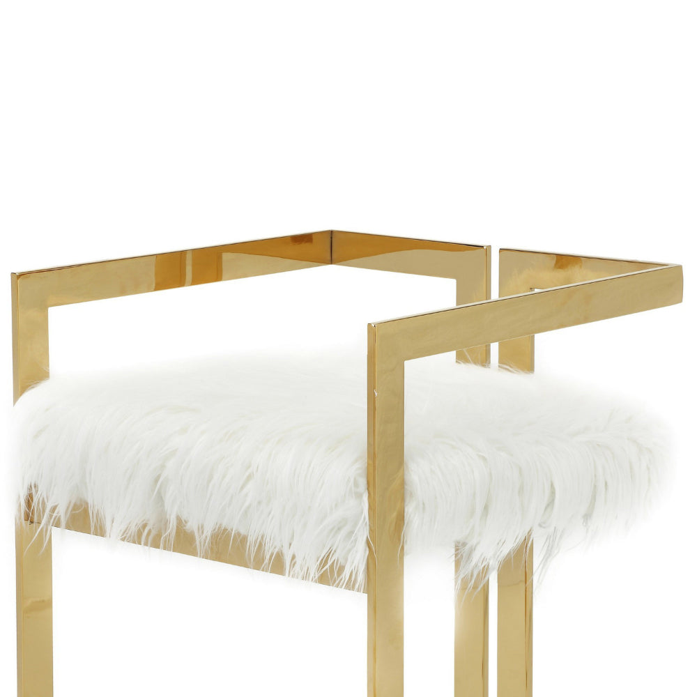 Benjara Suki 26 Inch Counter Height Chair, White Faux Fur, Gold Cantilever Base