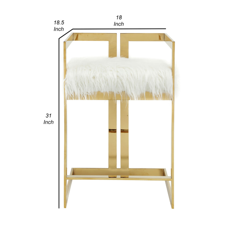 Benjara Suki 26 Inch Counter Height Chair, White Faux Fur, Gold Cantilever Base