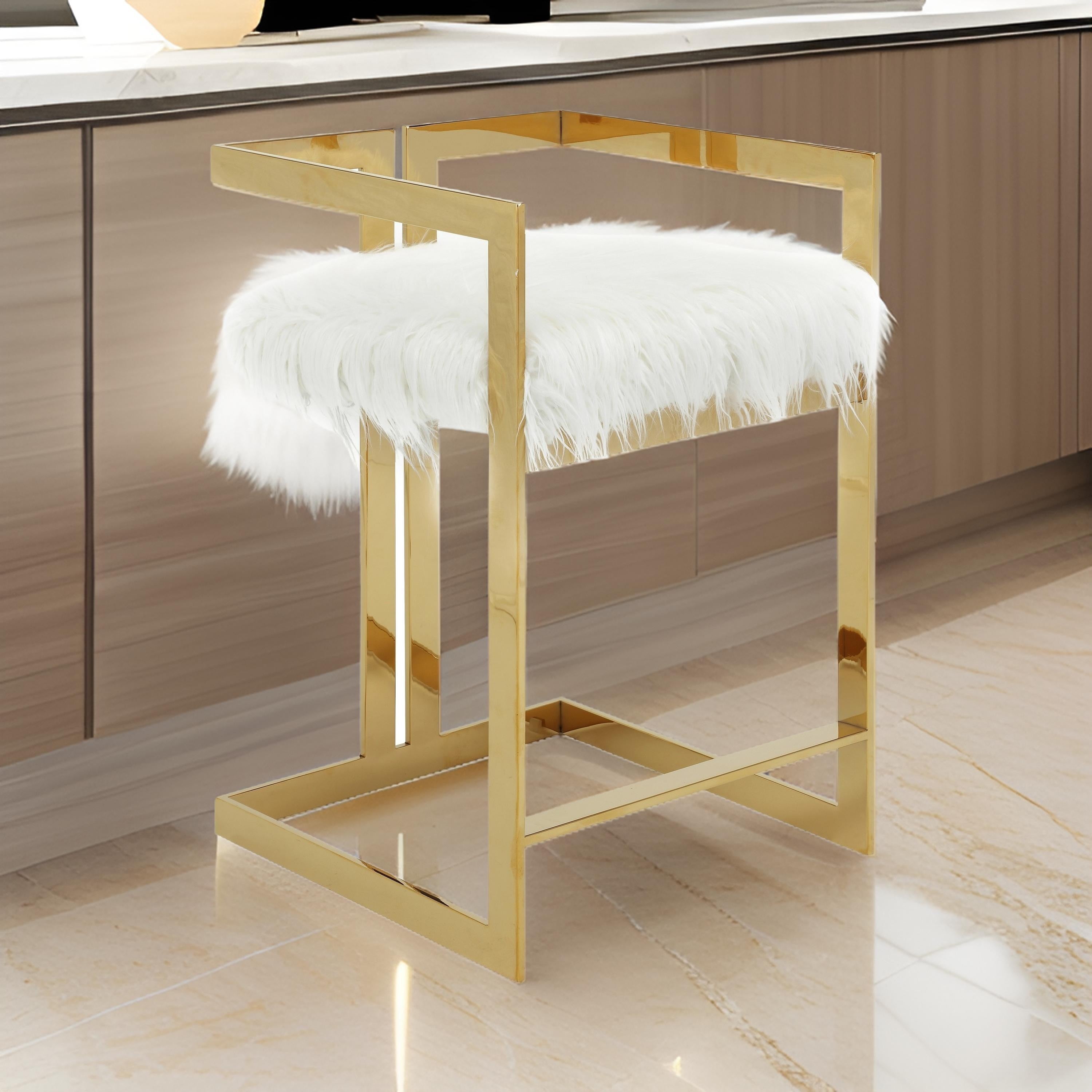 Benjara Suki 26 Inch Counter Height Chair, White Faux Fur, Gold Cantilever Base