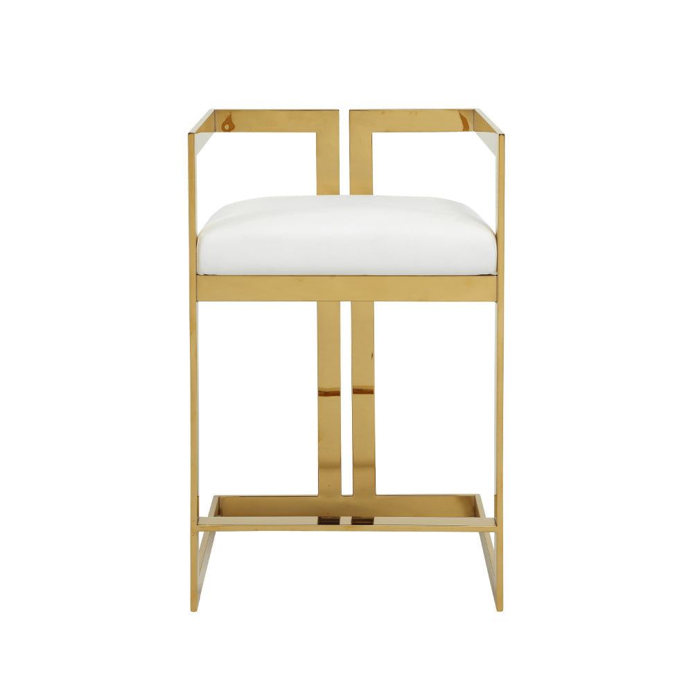 Benjara Suki 26 Inch Counter Height Chair, White Faux Leather, Gold Cantilever Base