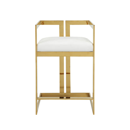 Benjara Suki 26 Inch Counter Height Chair, White Faux Leather, Gold Cantilever Base