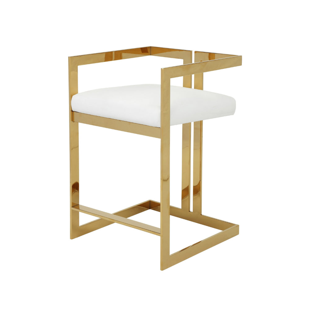 Benjara Suki 26 Inch Counter Height Chair, White Faux Leather, Gold Cantilever Base