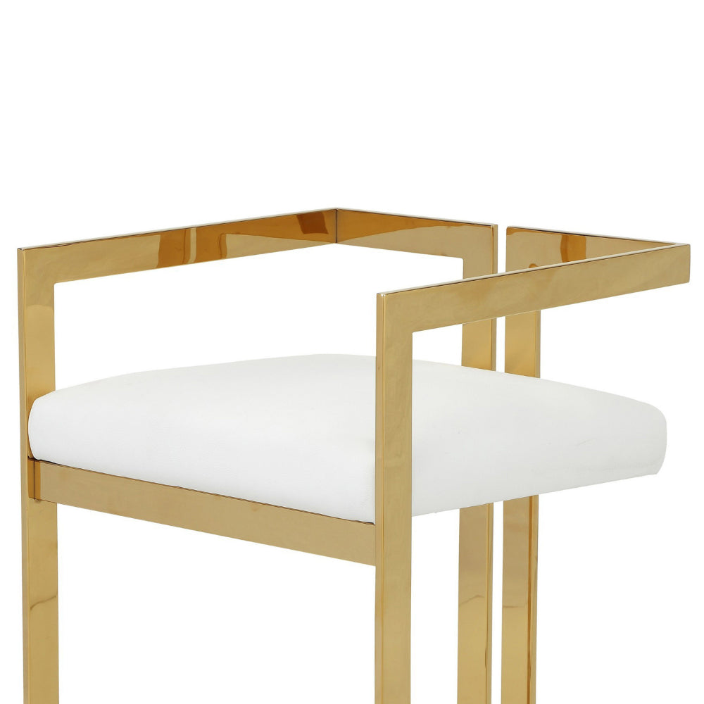 Benjara Suki 26 Inch Counter Height Chair, White Faux Leather, Gold Cantilever Base